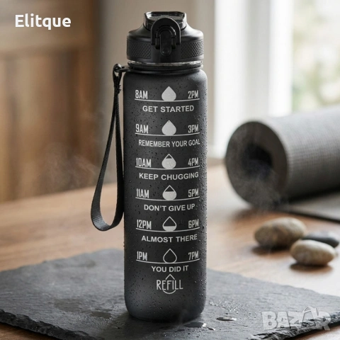 Черна мотивираща бутилка за вода 1L с почасова скала – пий вода навреме, снимка 8 - Други стоки за дома - 54216042