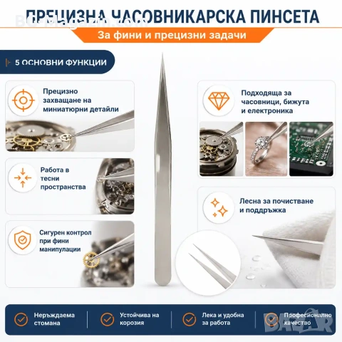Финна професионална часовникарска пинсета с прав връх за ремонт на часовници часовникари бижутери, снимка 8 - Други инструменти - 50988298