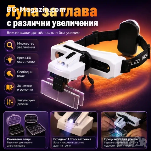 Професионална мощна увеличителна лупа за глава с LED осветление за часовникари бижутери око лед 