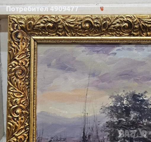 Картина маслени бои „Пейзаж на зазоряване“ – подписана Giselle, в позлатена рамка, снимка 3 - Картини - 55638799