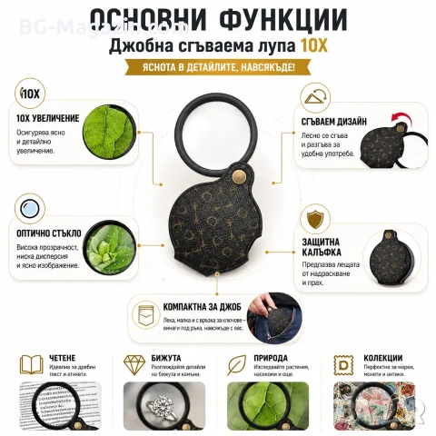 Професионална мощна увеличителна ръчна лупа 10X увеличение за четене мини джобна сгъваема за чанта, снимка 2 - Други инструменти - 50920242