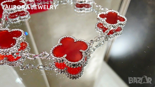 Van Cleef & Arpels VCA 5 Motifs Silver Red Carnelian Vintage Alhambra Дамска Гривна, снимка 2 - Гривни - 54309528