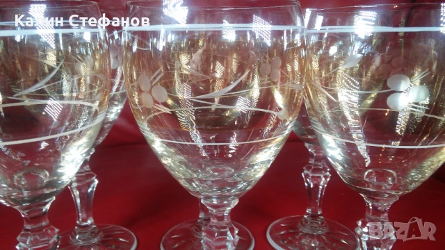 Ретро чаши за вино, калиево стъкло, ръчна гравюра – 6 бр, снимка 3 - Чаши - 54174077