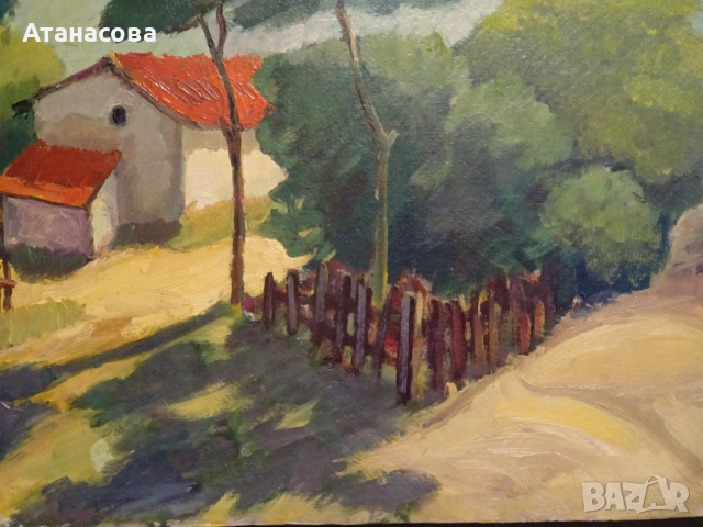 Авторска картина "Селски пейзаж" масло платно 1980 г, снимка 6 - Картини - 54488488