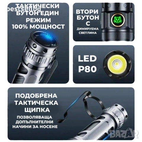 Мощен ръчен LED фенер YEMAO 2200 лумена USB-C тактически 350м обхват за лов риболов къмпинг еърсофт, снимка 2 - Къмпинг осветление - 54109911