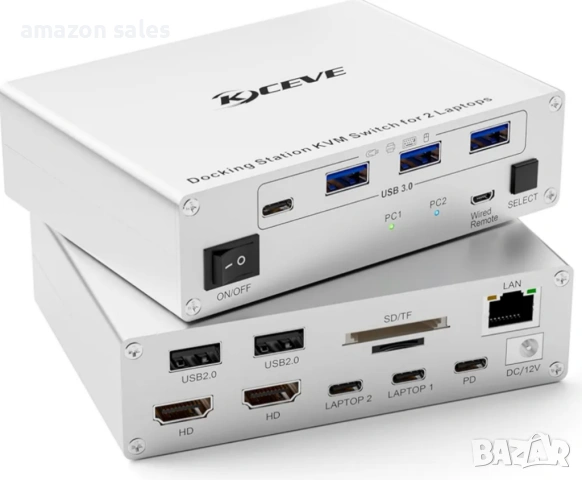 KCEVE 15-в-1 KVM превключвател USB C докинг станция,USB 3.0 KVM превключвател 2 монитора 2 лаптопа 
