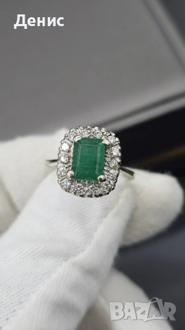 Златен пръстен 18K (750) с естествен изумруд и диаманти | 4.24 гр | Emerald Halo Ring, снимка 6 - Пръстени - 55267016