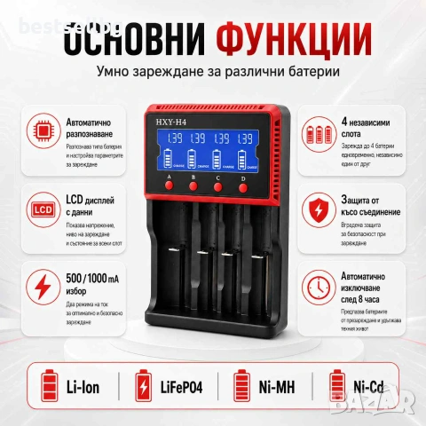Универсално зарядно устройство за 4 бр акумулаторни батерии  18650 14500 26650 16340 ААА АА Li-Ion, снимка 2 - Други инструменти - 29155071