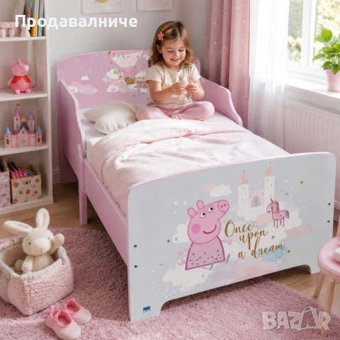 Детско легло Peppa Pig 140x70 см с ламелна основа - Розово легло с Пепа Пиг, замък и еднорог