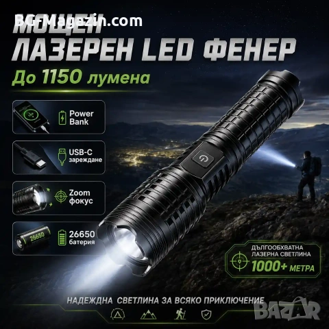 Мощен далекобоен лазерен прожектор LED фенер Power Bank USB за лов риболов къмпинг туризъм работа