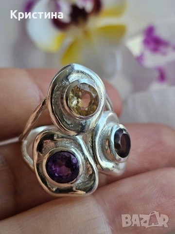 Красив сребърен пръстен с Цитрин, Аметист и Раухтопаз, снимка 4 - Пръстени - 54234774