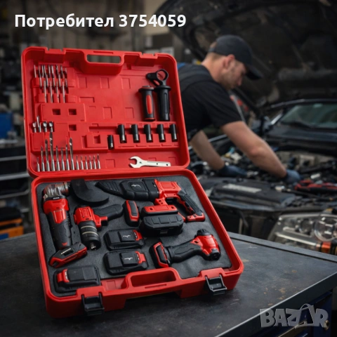 Комплект 4 в 1 акумулаторен перфоратор, гайковерт, винтоверт и ъглошлайф 36V 8A, снимка 4 - Куфари с инструменти - 55178843