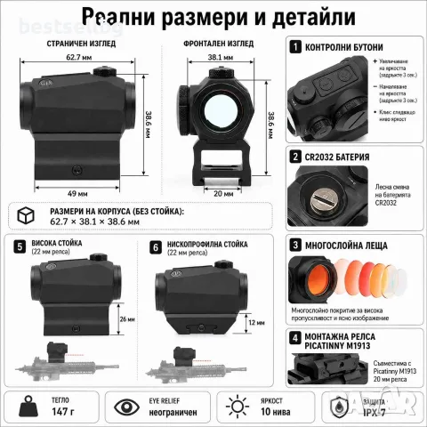 Малък бързомер SIG SAUER прицел мерник за лов пушка еърсофт пистолет пикатини стойка релса 2MOA 1x, снимка 3 - Оборудване и аксесоари за оръжия - 54110049