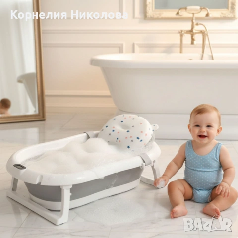 Сгъваема бебешка вана с термометър и възглавница, снимка 3 - За банята - 54180442