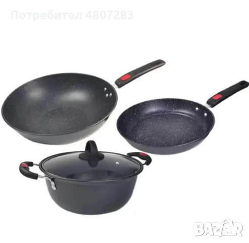 Комплект съдове за готвене от 3 части (медицински камък Незалепващ), снимка 2 - Съдове за готвене - 54312280