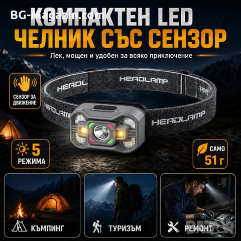 Малък LED акумулаторен челник със сензор USB зареждане фенер за глава бягане риболов къмпинг мощен