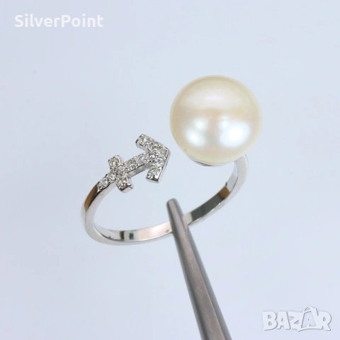 Сребърен пръстен с обла натурална Перла с регулируем размер и сертификат 