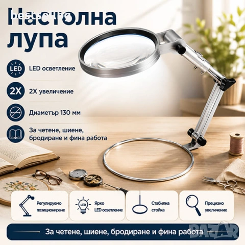Настолна лупа с осветление LED увеличение 2Х четене шиене бродиране часовникарска златарска гоблени