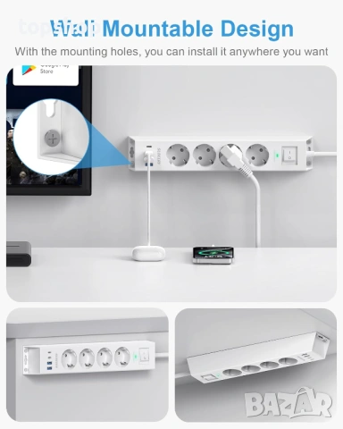 Чисто нов смарт разклонител 8 в 1 с USB-C портове и защита от пренапрежение  Продавам чисто нов..., снимка 4 - Други - 54886446