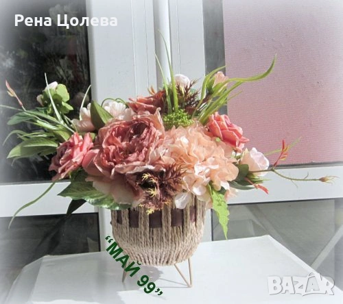 Рози и божури в кашпа от лико, снимка 6 - Декорация за дома - 54924836