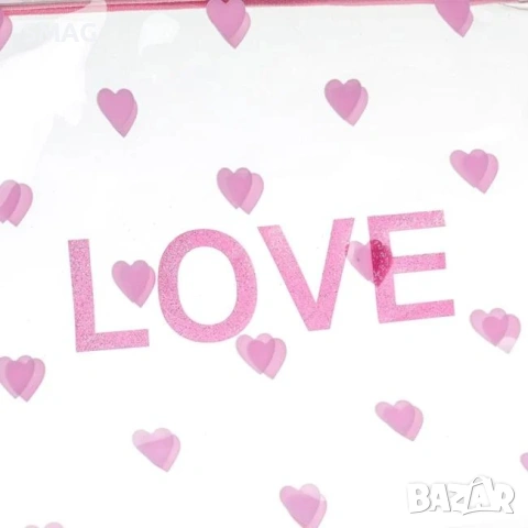 Прозрачен несесер плик с розови сърца LOVE и брокат 22.5см_1239750, снимка 3 - Други - 54707769