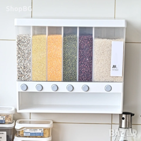 Стенен диспенсър за зърнени храни и ориз с 6 отделения „Cereal Dispenser, снимка 3 - Кутии за храна - 54863451
