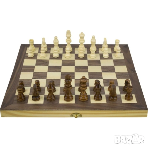 Шах, дама и табла 3 в 1, фурнир, 34 см, фигури 3 - 7 см