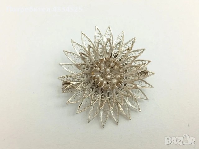 Винтидж сребърни брошки – бар с тюркоаз, водно конче и филигранно цвете, снимка 4 - Антикварни и старинни предмети - 54173768