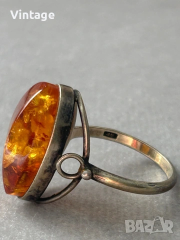 Антикварен съветски сребърен пръстен с кехлибар , снимка 9 - Пръстени - 53260437