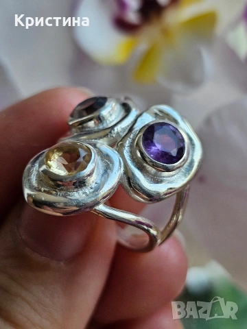 Красив сребърен пръстен с Цитрин, Аметист и Раухтопаз, снимка 3 - Пръстени - 54234774