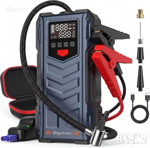 ЕвоТрав (Eigotrav) преносим джъмп стартер / jump starter 12000 mAh с LED SOS и въздушен компресор