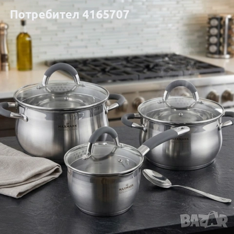 Комплект тенджери и касерола Maxmark 6 части със силиконови дръжки и индукционно капсулно дъно, снимка 6 - Съдове за готвене - 54477745