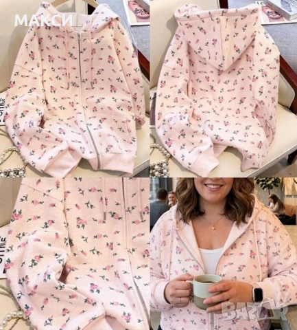 Макси модерен еластичен суитшърт с джобове отпред, метален цип, качулка+ кор.връзки в нежно бледо ро