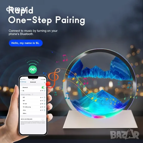 Смарт LED нощна пясъчна лампа с 360° въртящ се пясък, Bluetooth музика и дистанционно управление, снимка 5 - Настолни лампи - 55537023