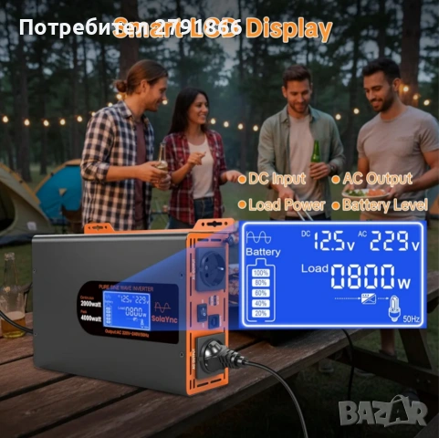 Инвертор 2000W/4000W 12V към 220/230V чиста синусоида,2 EU контакта,30W Type-C и USB порт, снимка 8 - Друга електроника - 54755004