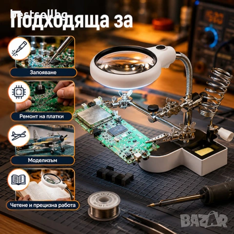 Мощна настолна лупа лед осветление свободни ръце трета ръка запояване, снимка 4 - Поялници и запояване - 28966514