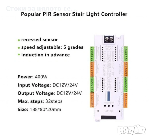 Интелигентен LED контролер със сензор за движение за стълби, 32 канала, 12/24V, снимка 4 - Лед осветление - 54148174