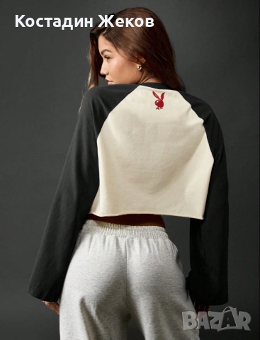  Нов със етикет. Оригинален дамски кроп топ Missguided x Playboy Long Sleeve Raglan Crop Top , снимка 2 - Корсети, бюстиета, топове - 55215669