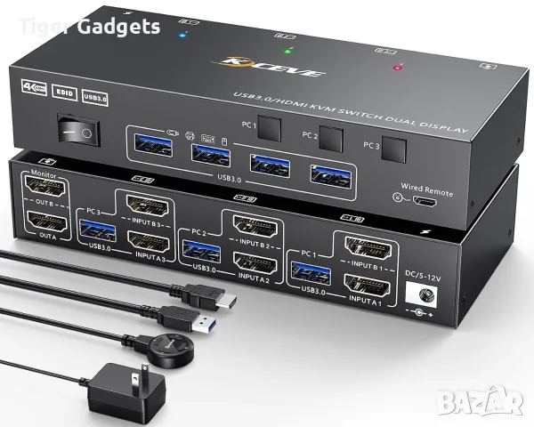 Kceve KVM302AS KVM суич за 3 компютъра и 2 монитора, 4K@60Hz, USB 3.0, EDID, HDMI