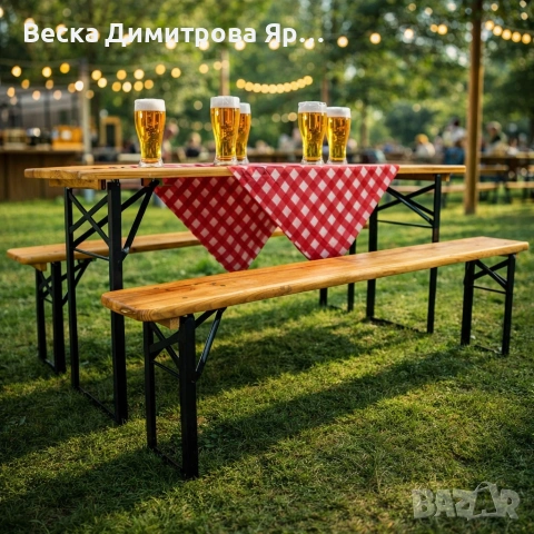 С ДЕФЕКТ - Сгъваем комплект градинска маса с 2 пейки - От чамово дърво - С ДЕФЕКТ виж снимките