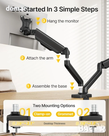 monTEK Стойка за два монитора 17–32 инча, до 9 кг всеки,VESA 75/100 мм, снимка 7 - Стойки, 3D очила, аксесоари - 54048042