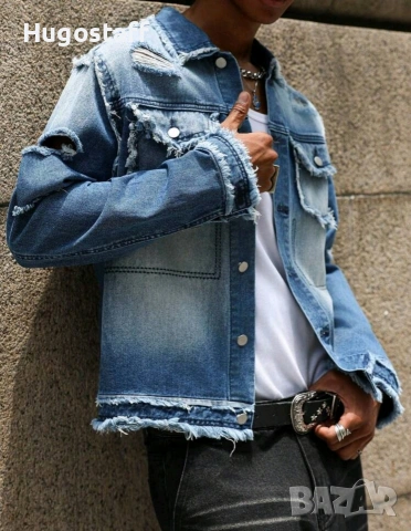 Ново мъжко карго дънково яке риза Street Style накъсан вид овърсайз изтъркано деним памук ХЛ, снимка 5 - Якета - 54843667
