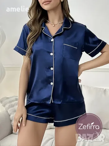 Дамскa сатенена пижама с къс ръкав Zefirra Dark Blue Marine, снимка 3 - Пижами - 55625127