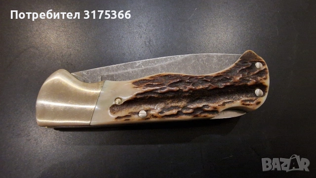 Нов колекционерски   ловен Boker Solingen джобен нож еленов рог дамаска стомана калъф, снимка 7 - Ножове - 55245554