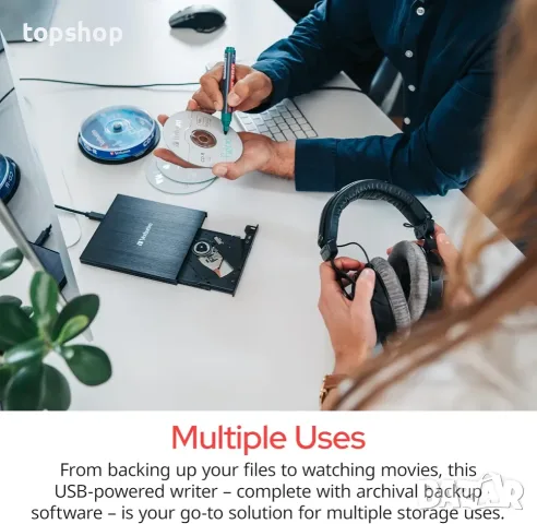 Чисто Ново Запечатано Външно записващо устройство Verbatim Slimline CD/DVD Writer (USB 2.0, черно) , снимка 5 - Други - 55677329