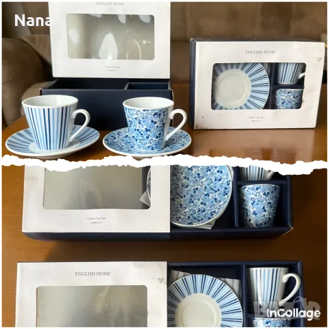 2 комплекта чаши и чинии за кафе
ENGLISH HOME 
Цената е 20€ общобза двата комплекта