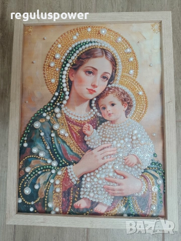 Перлена икона Богородица с Младенеца , 30*40 см. в дървена рамка, снимка 4 - Картини - 55242763