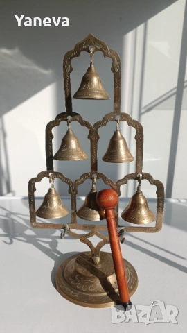 Vintage, месингов , настолен гонг „ дърво на живота “ с камбани и дървена палка ,чукче. 