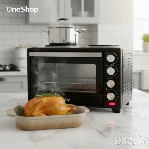 Готварска печка Voltz с фурна и 2 котлона 3200W, компактна електрическа печка за кухня, снимка 2 - Печки, фурни - 54741042
