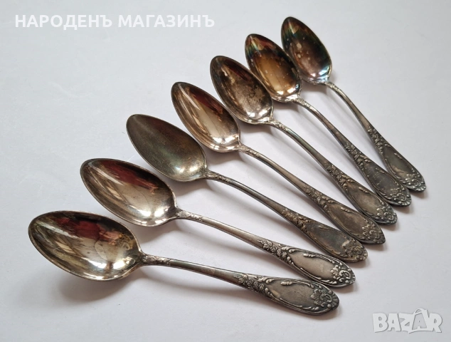 СССР - Сервиз руски посребрени лъжички чай кафе 7 броя мелхиор сребро Луксозни , снимка 5 - Други ценни предмети - 53964601